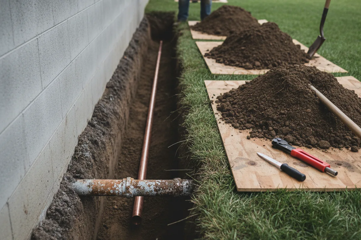 Excavated water line trench during Water Heater Repair in El Nido